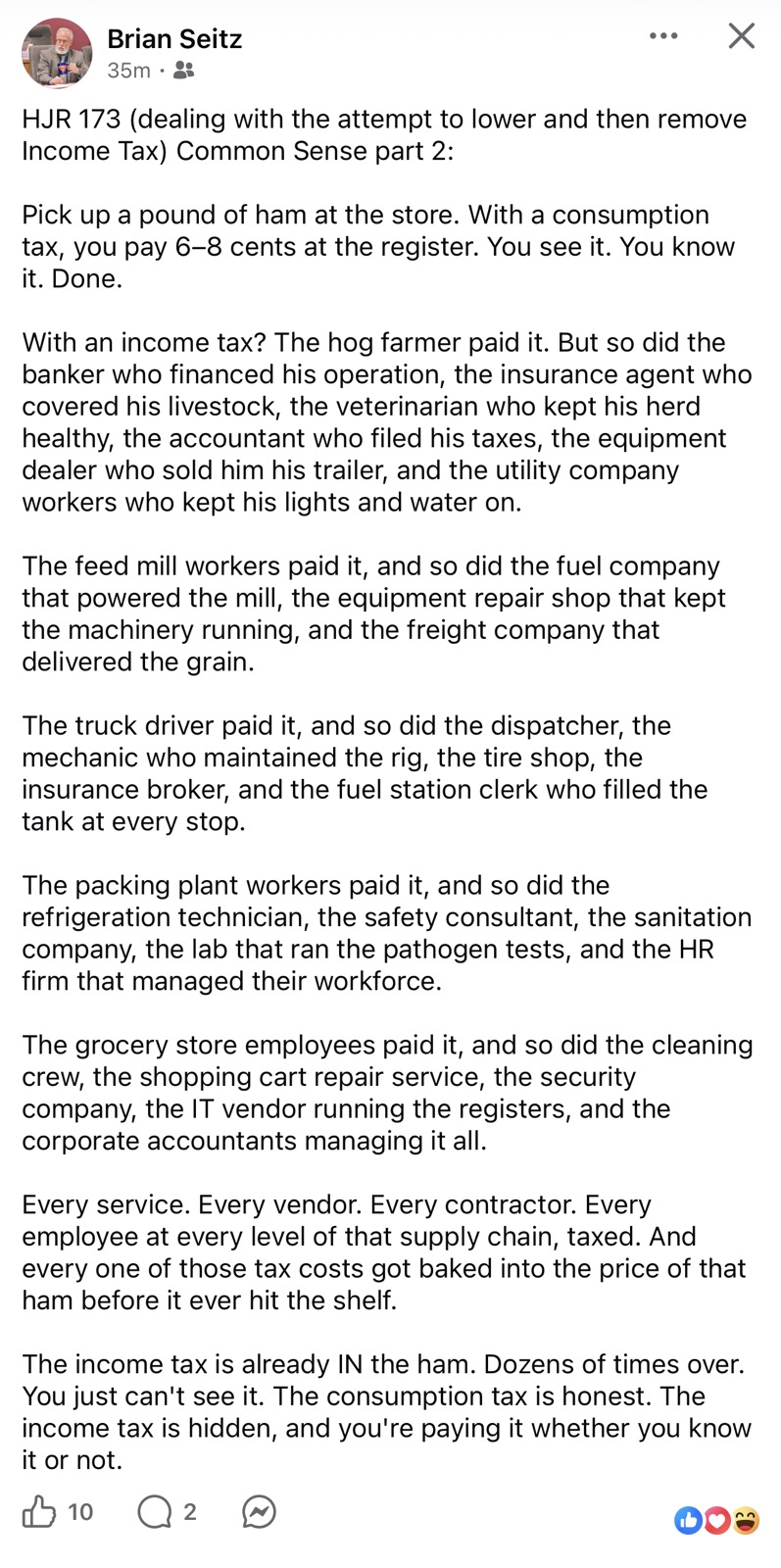 Facebook post by Brian Seitz arguing that income tax is already embedded in the price of consumer goods through the supply chain