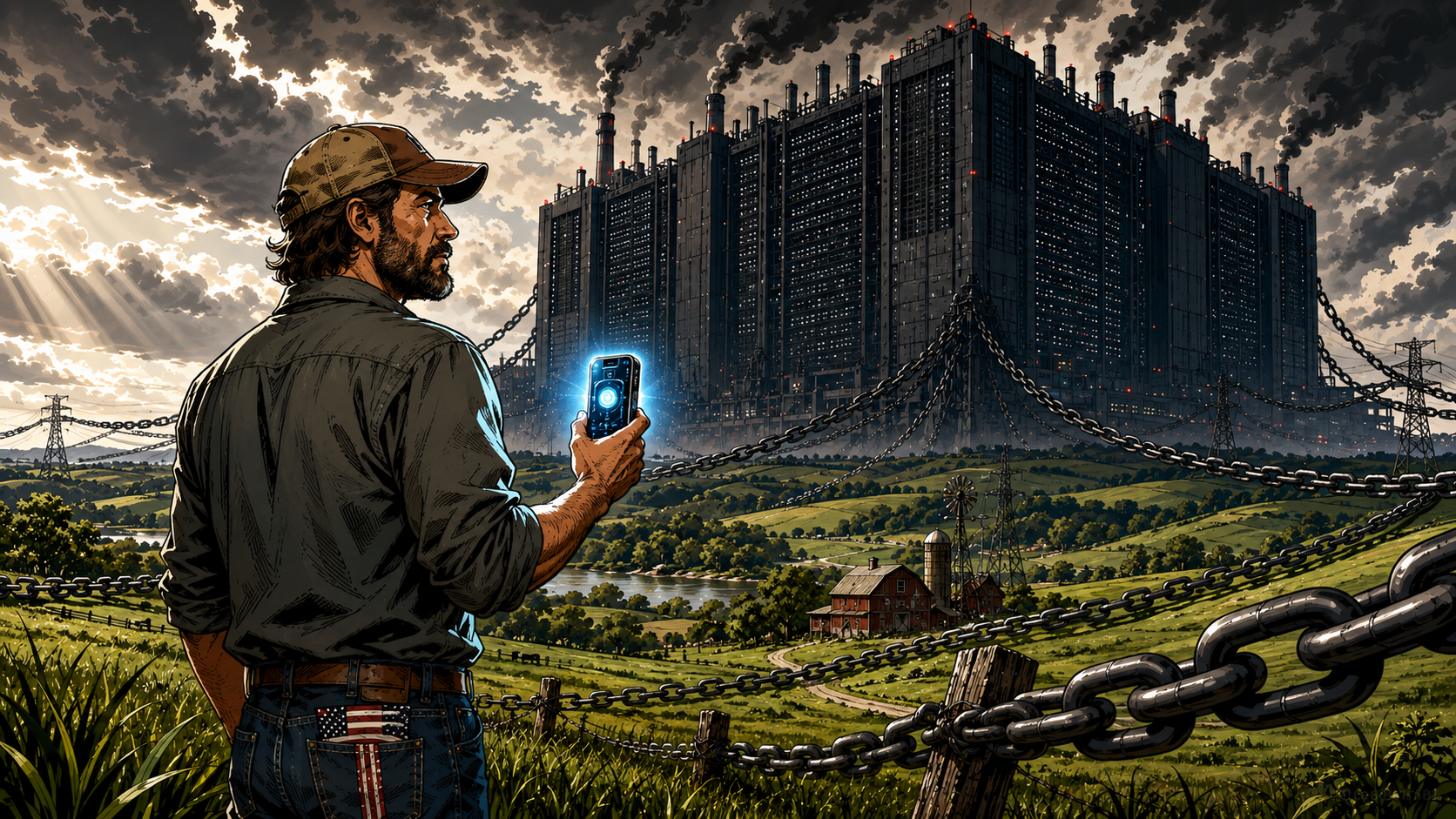 A political cartoon illustrating a giant, energy-sucking Digital Landlord data center towering over a rural Missouri farm, while a citizen in the foreground holds a glowing, sovereign local AI device.