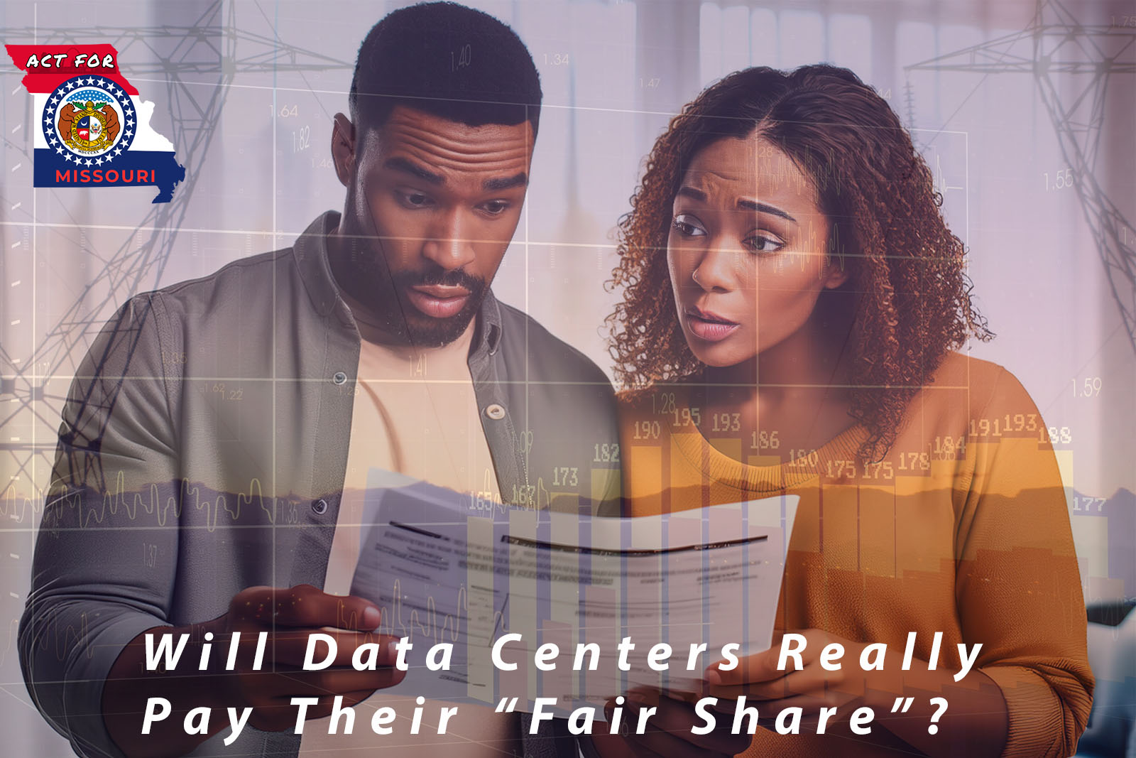 High-voltage transmission lines and a large industrial facility representing data center power use