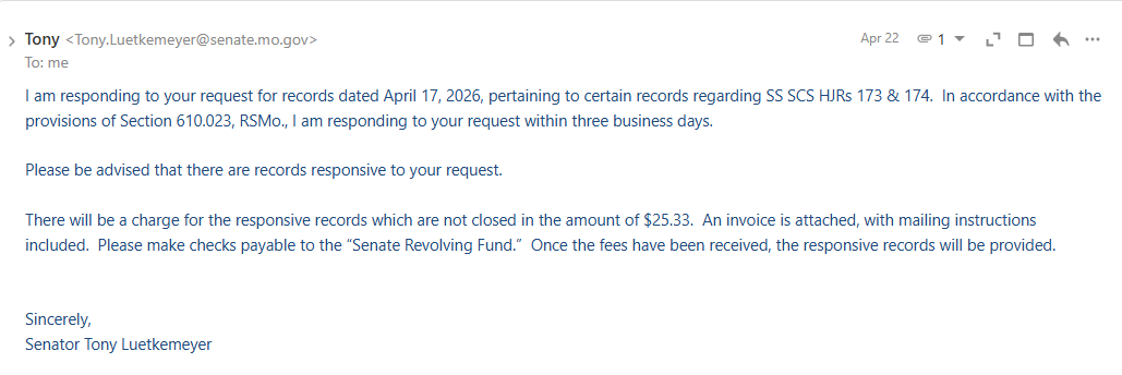 Screenshot of email response from Senator Tony Luetkemeyer's office