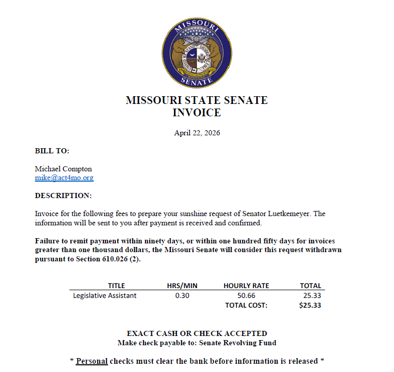 Screenshot of Missouri State Senate invoice for $25.33