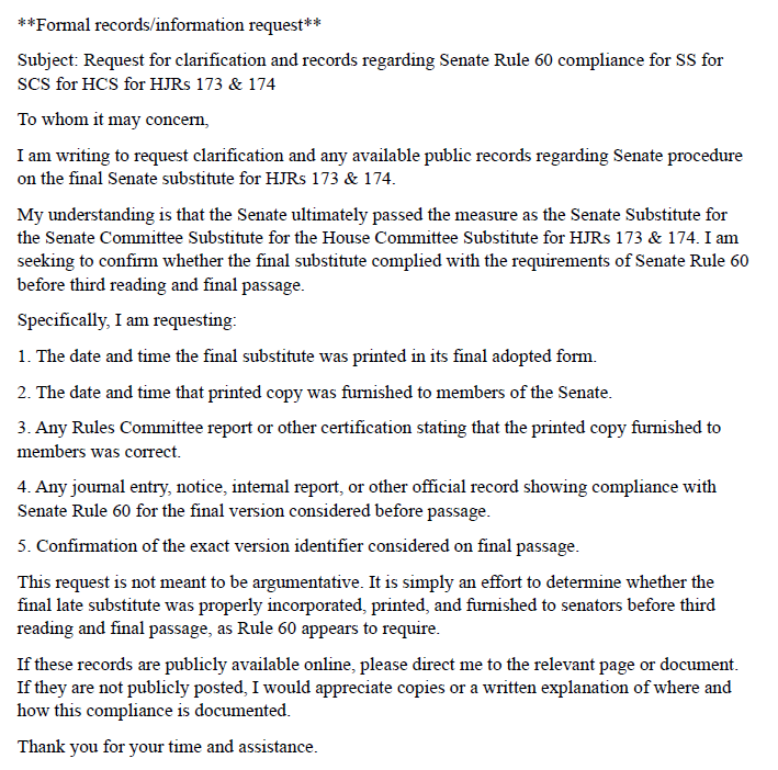 Screenshot of Act for Missouri's Sunshine request regarding HJRs 173 and 174