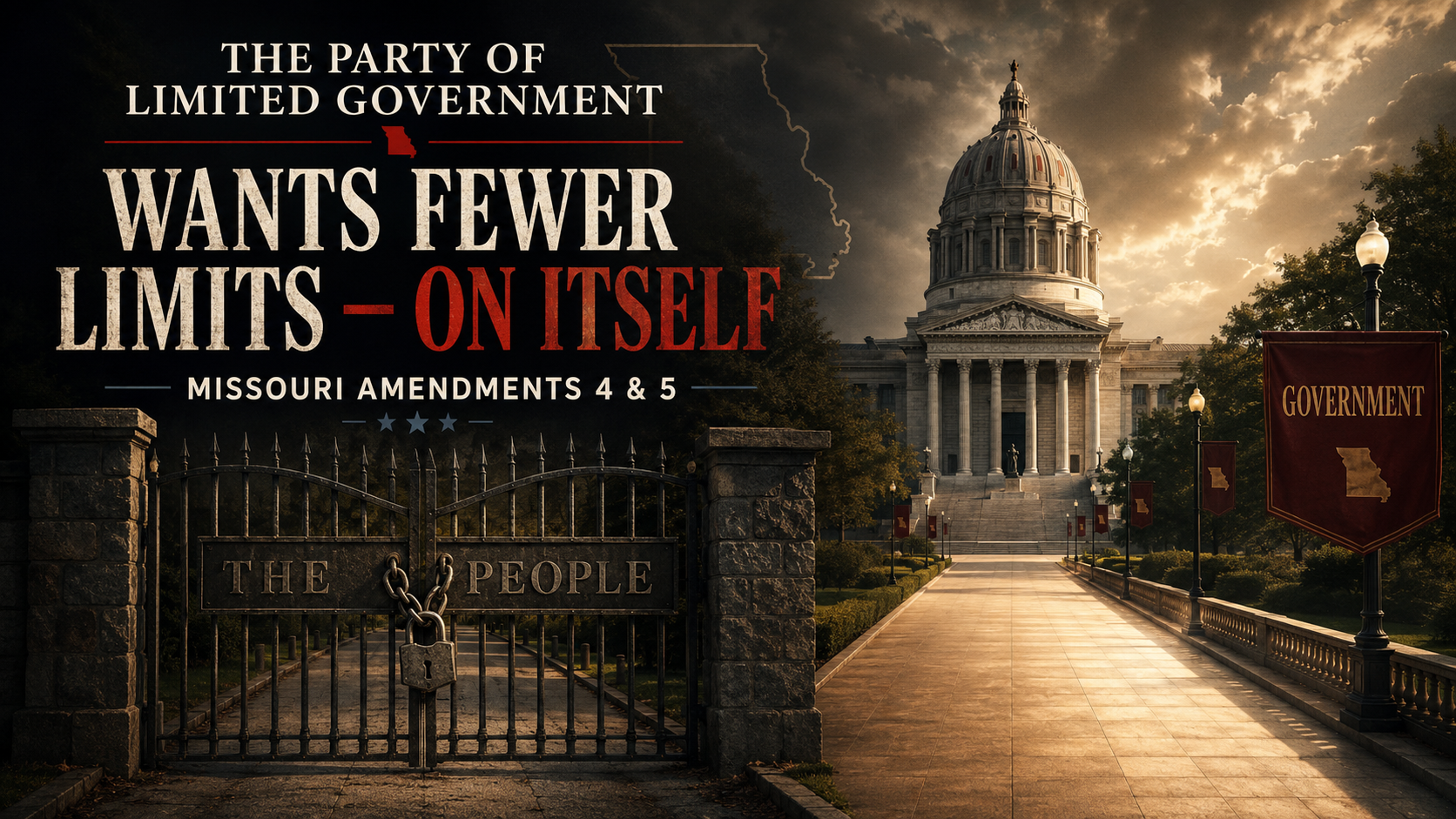 A locked gate on one path and an open road on the other, representing the asymmetry in Missouri's Amendment 4 and Amendment 5