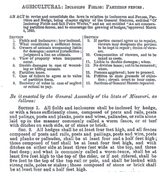 Front page of an 1877 Missouri act showing a specific title and section list