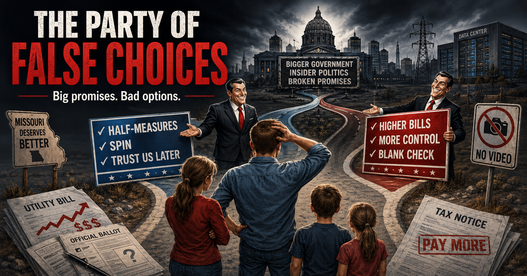 Editorial political cartoon style image representing Missouri voters rejecting false choices from Jefferson City