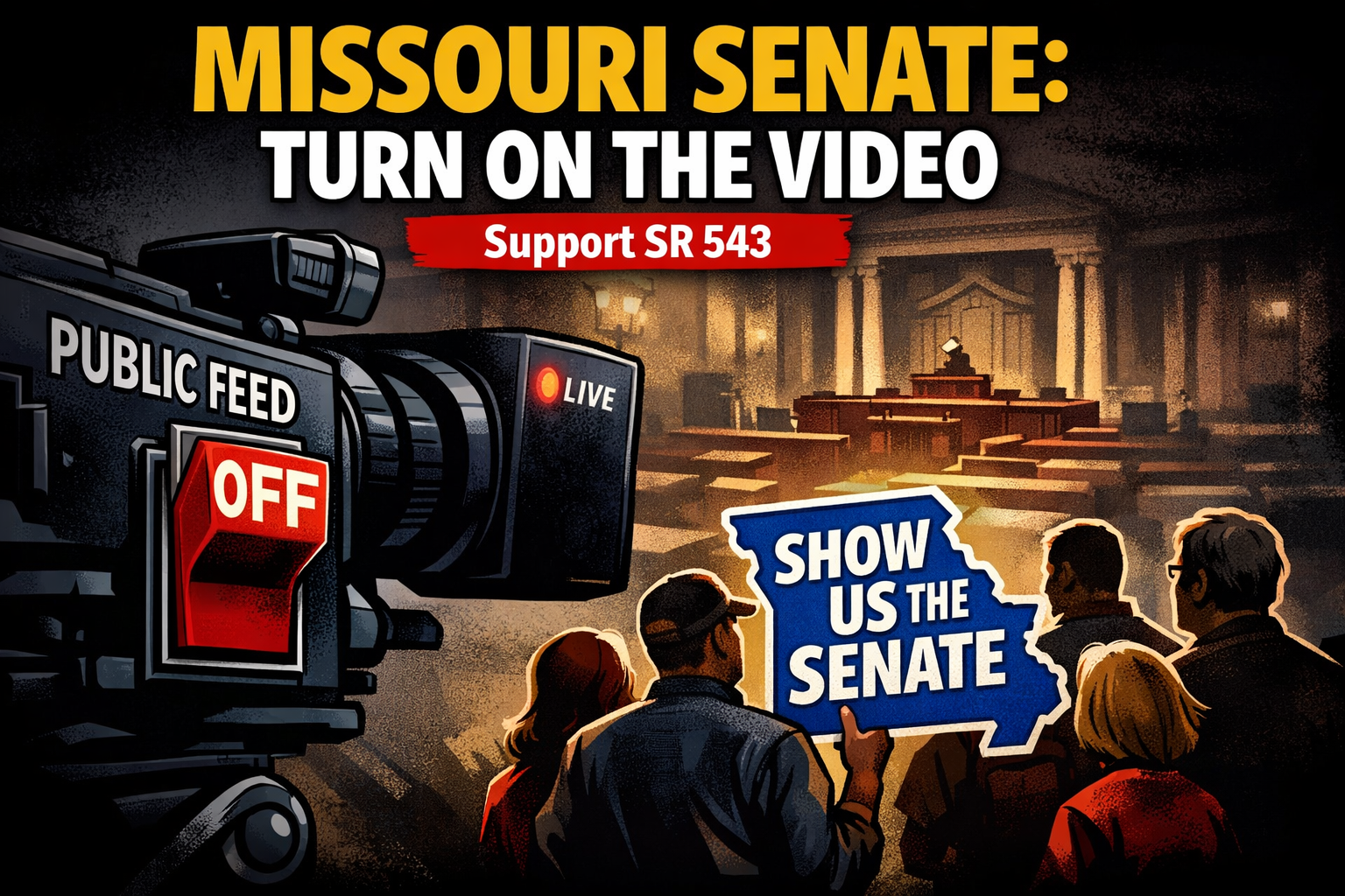 Political-cartoon style illustration calling for Missouri Senate video transparency
