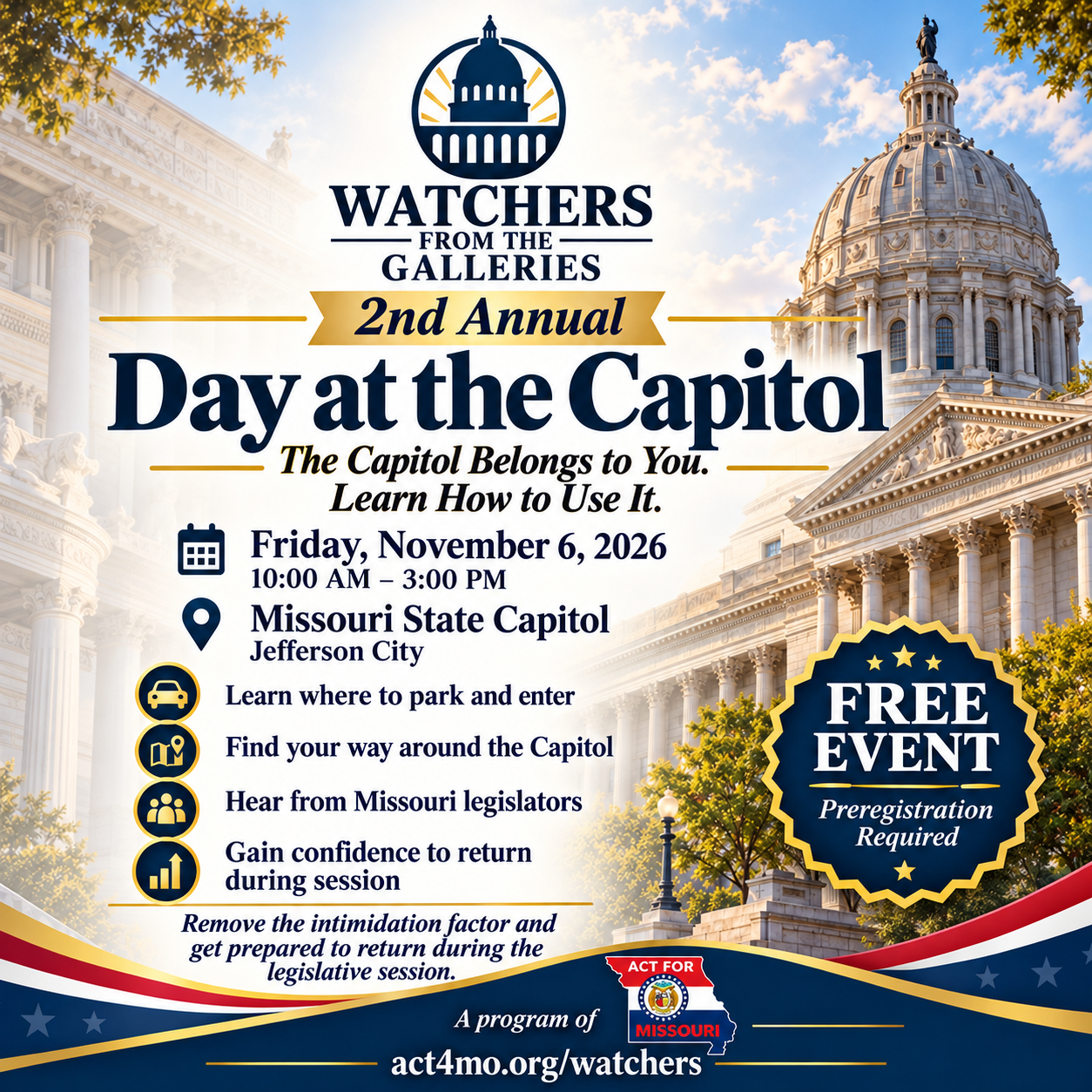 Day at the Capitol event flyer for November 6, 2026, featuring the Missouri State Capitol